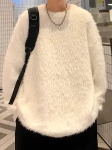 Men's Solid Drop Shoulder Mohair Blend Trendy Sweater Knitwear Menswear Casual Crewneck