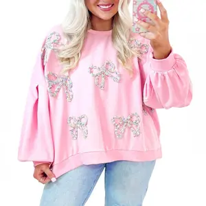 Light Pink Sweet Bow Lantern Sleeve Oversized Pullover Sweatshirt