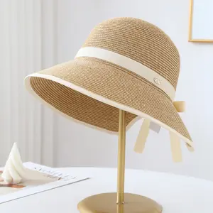 French Hepburn-style bow bucket hat, summer sun protection split ponytail hat, outdoor versatile basin hat & beach straw hat