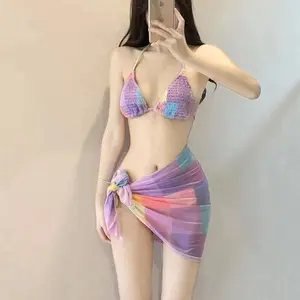 Swim Summer Beach Textured Bikini Set Push Up Bra & Bikini Bottom & Cover Up 3 Pieces Bikini