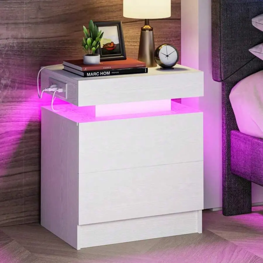 White Marble Modern Nightstand with Charging Station, Power Strip, LED Light, Drawers, Wood Grain Compact End Table for Bedroom with Easy Setup