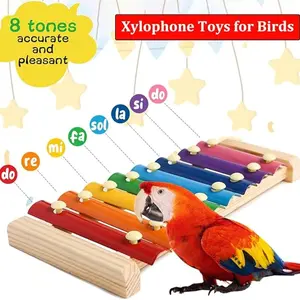 Hanging Wooden Xylophone Toy for Birds, 8 Metal Keys, Natural Wood Chew Toy, Stress Relief for Large Parrots, Cage Accessory