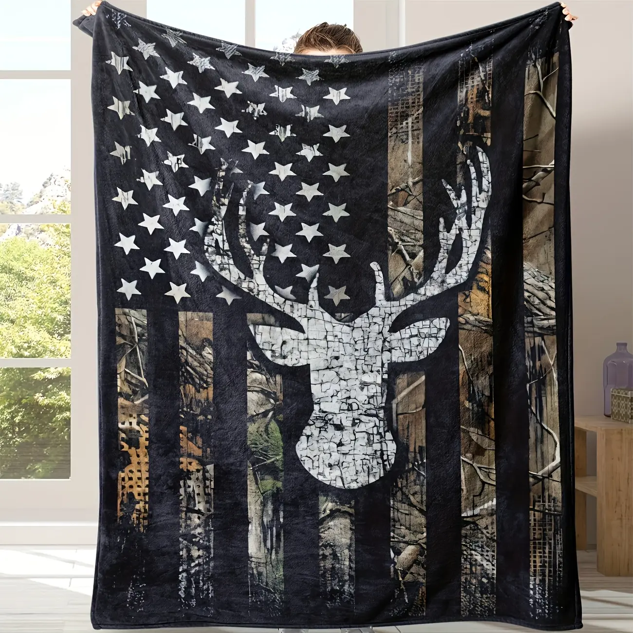 Hunting Camo American Flag Deer Skull Cooling Blanket for Couch Bed, Lightweight Plush All Season Nap Blanket, Portable Travel Camping Car Office Throw Blanket, Durable Wrinkle Resistant Printed Blanket, Ideal Daily Use & Outdoorsman Patriotic Gift