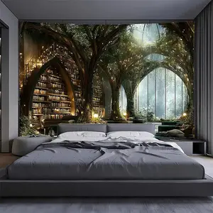 1pc - Extra Large Size Comfortable Treehouse Library Landscape Photo Giant Digital Print Tapestry, Polyester Aesthetic HD Wall Hanging Cloth for Living Room Bedroom Office Home Party Decorations, Library Tapestry, Room Decoration, Scenic Design, Durable M