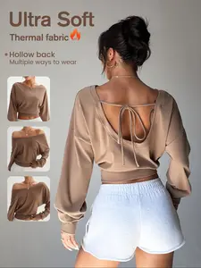 New Women's Sporty Sweatshirt, Casual Loose Fit, Shoulder Cut Out, Plain Color, Long Sleeve, Fitted, Fall & Winter Fashion, Casual Workout Tops