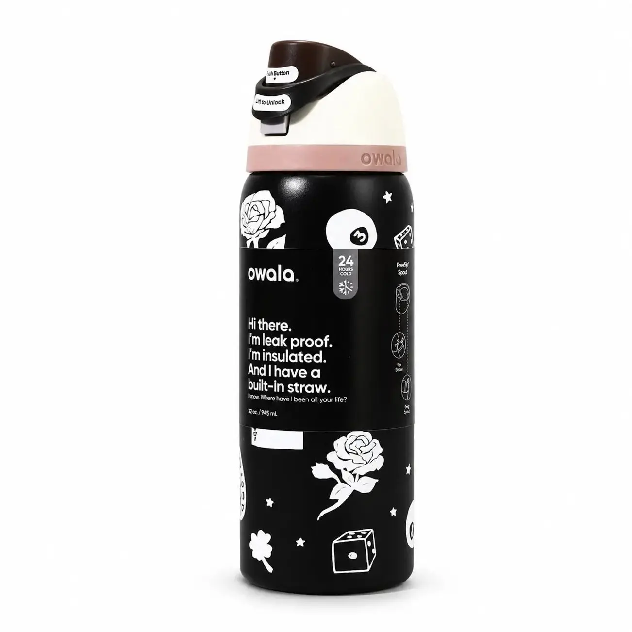 Owala FreeSip 32oz Modern Black Gothic Rose 304 Stainless Steel Water Bottle - Vacuum Insulated, Leak-Proof Straw Lid, Dice & Playing Card Print, Portable for Adults, Car Rides, Cold Drinks (500-1000 ml) N9