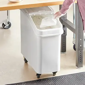 Baker's Mark 21 Gallon / 335 Cup White Slant Top Mobile Ingredient Storage Bin with Sliding Lid & Scoop