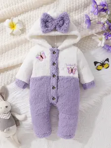 Comfortable And Cute Baby Girl Butterfly Embroidery Color Patch Bow Tie Details Hooded Teddy Bear Jumpsuit Soft Warm Toddler Outfit