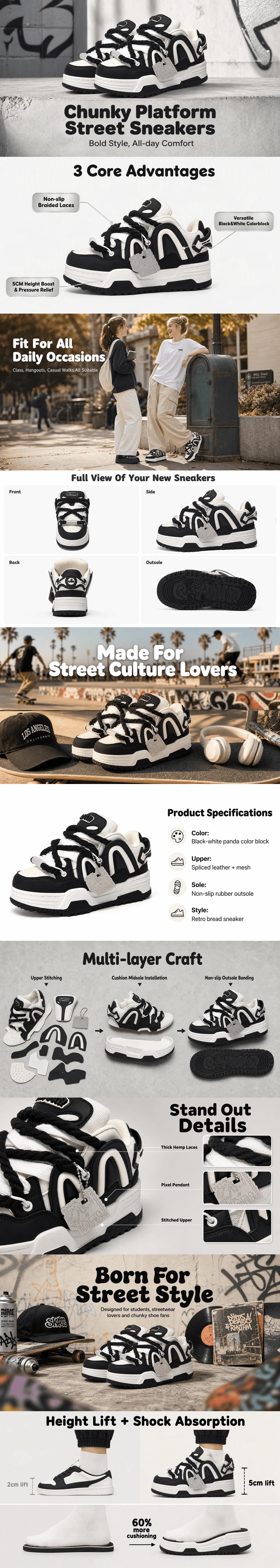 Q-AND Unisex Chunky Platform Skateboarding Shoes, Thick Rope Laces Streetwear Casual Sneakers, Height-Boost Non-Slip Footwear with 4 Colorways for Boys