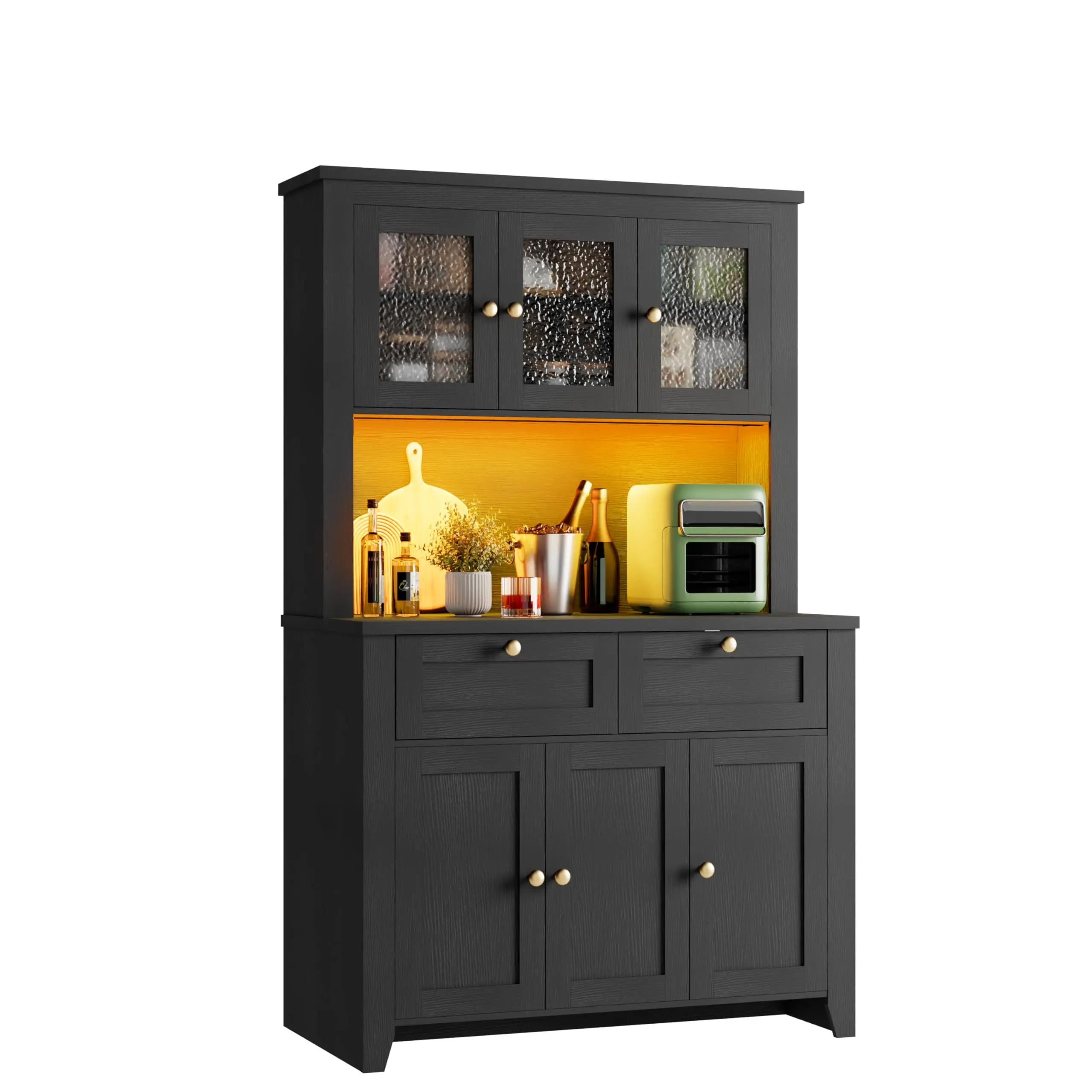 Garvee Farmhouse Kitchen Pantry Cabinet with Charging Station, Large Storage Hutch Featuring Countertop, Adjustable Shelves, Storage Drawers, and Water Ripple Design for Dining Room