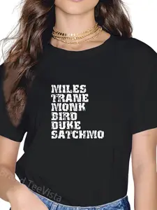 100% Cotton Famous Jazz Miles Coltrane Monk Parker Ellington List T-Shirt