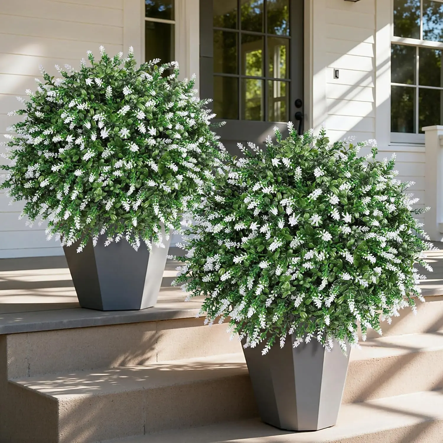 2-Pack 26in Synthetic Tree-Shaped Artificial Boxwood Ball Trees with Lavender, UV-Resistant Fake Shrubs, Ground Spike, Indoor-Outdoor Home Decor Potted Plants for Front Porch Garden