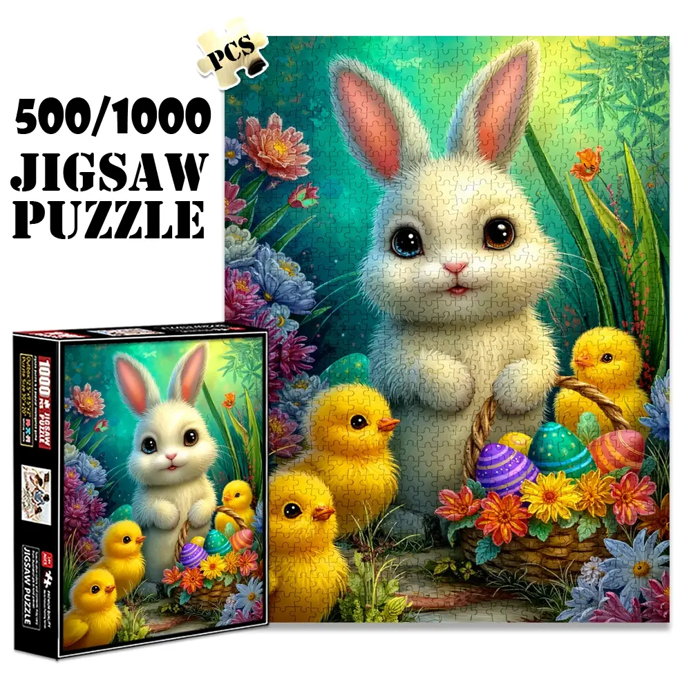 1pc 1000 piece adult puzzle 70x50cm Adorable Bunny with Chicks and Easter Eggs in Floral Scene 500 pieces paper jigsaw puzzle suitable for DIY creative games for adults and families, birthday and h