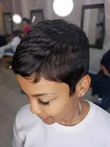 Short Straight Layered Human Hair Wig for Women, Natural, Daily Party Cosplay Gift Use, Pre Cut Wig, Pixie Cut, Burgundy Machine Made