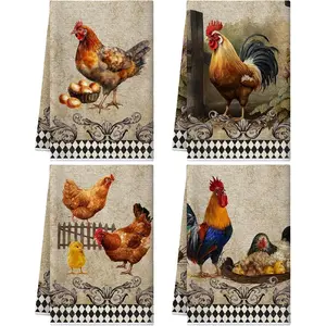 4 Pcs Kitchen Towels Chicken Rooster Farm Dish Towels Farmhouse Cow Washcloths Vintage Rustic Hand Tea Cloth Decor 16 x 24 Inch for Kitchen Bathroom Home Gifts Delicate ColorRooster