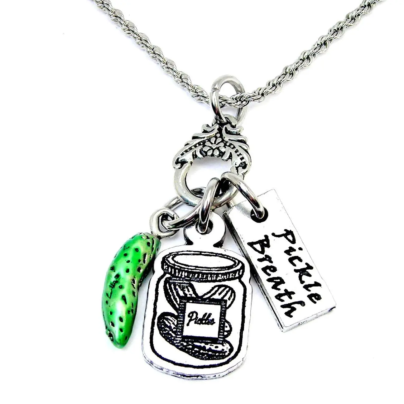 ChubbyChicoCharms Pickle Breath Pickle Jar Charm Holder Necklace 20" Chain Hand Cast American Pewter Gift Boxed
