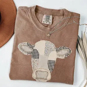 Comfort Colors Patchwork Cow T-Shirt, Quilted Farm Animal Head Tee, Gingham Floral Rustic Cow Lover TShirt, Cottagecore Farmhouse Gift