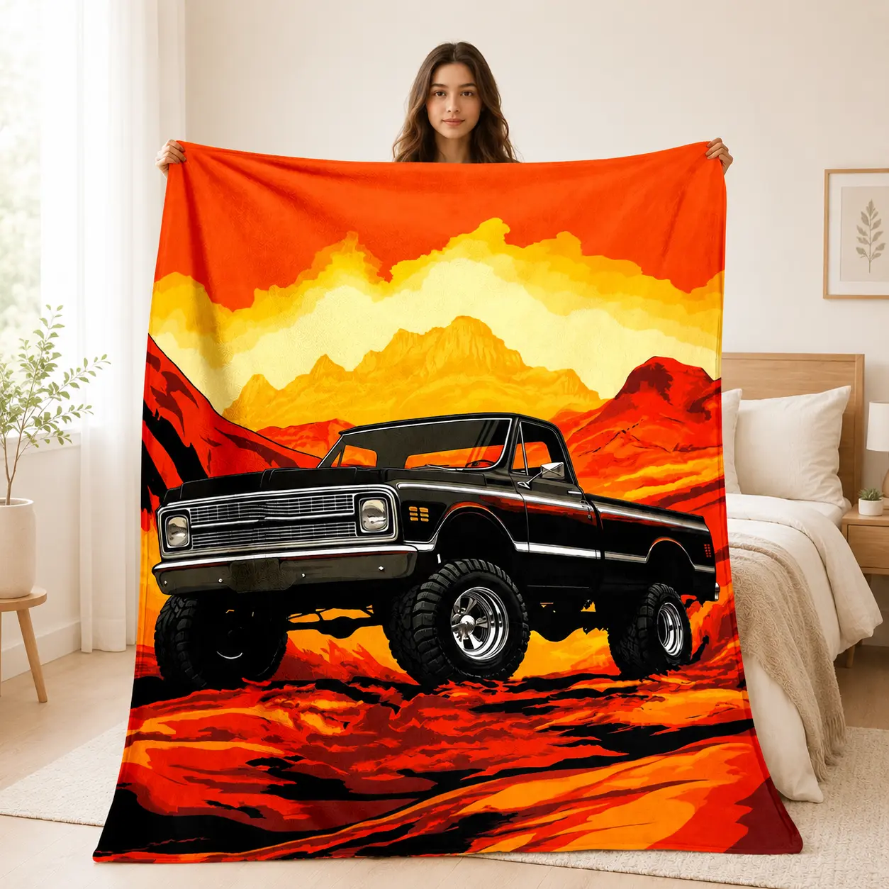 Soft Warm Flannel 2D Flat Single-Piece Desert Car Print Air Conditioning Blanket, Camping Style Blanket for Travel, Sofas, Beds, Ideal Gift for Car Enthusiasts, Camping Style Blankets, Car Print Blankets
