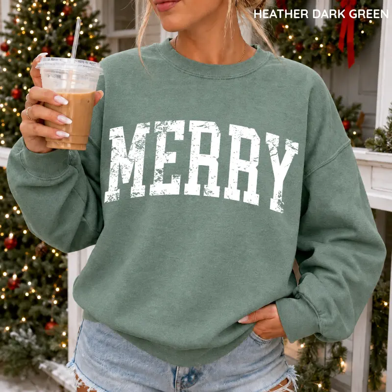 Gildan Retro Merry Sweatshirt, Trendy Christmas Graphic Crewneck, Festive Holiday Pullover, Trendy Winter Gift