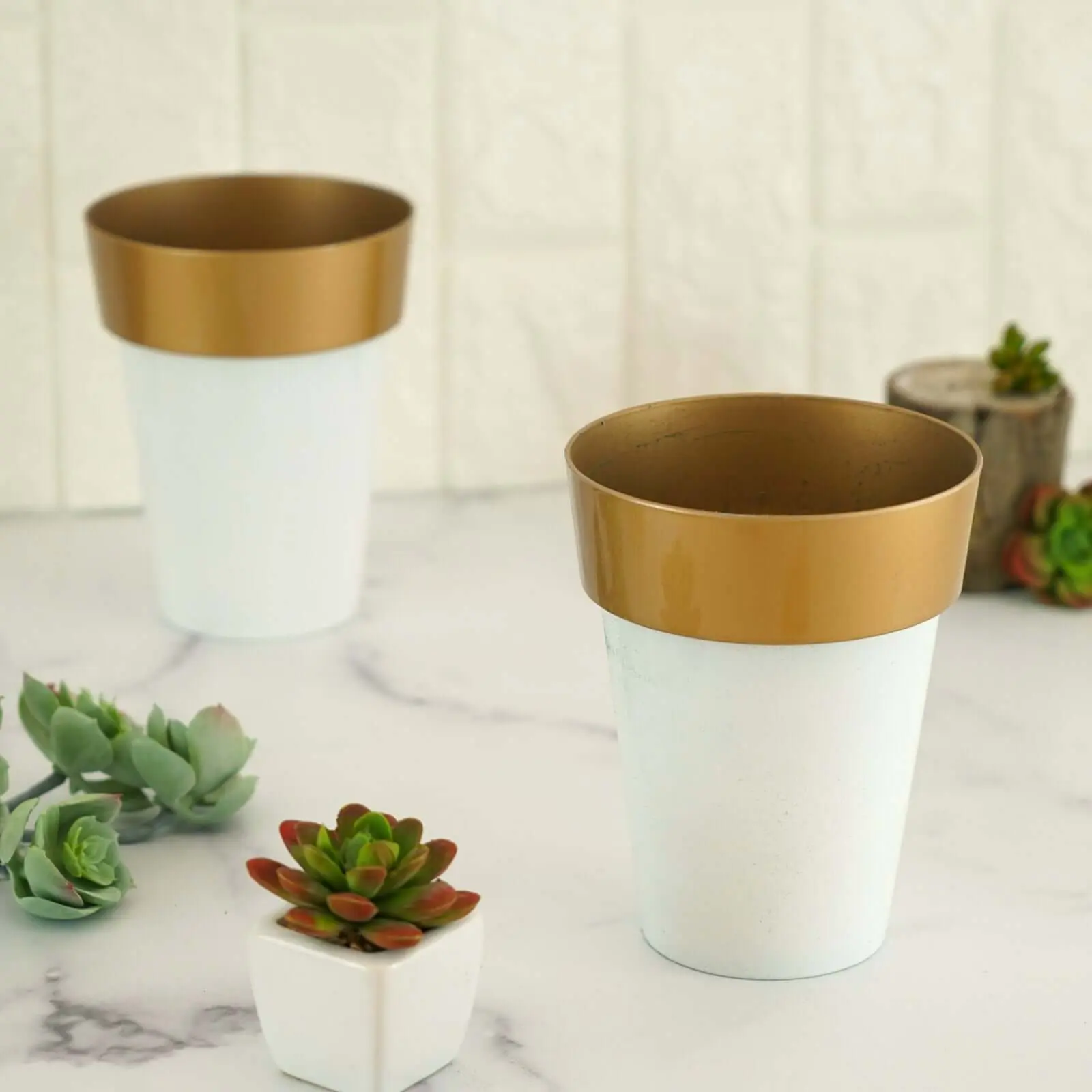 6" Medium White Plastic Flower Pots with Gold Rim - 2-Pack Indoor Decorative Planters with Drainage Hole for Centerpieces, Wedding Use (Home Improvement Garden Supplies), Table Decoration