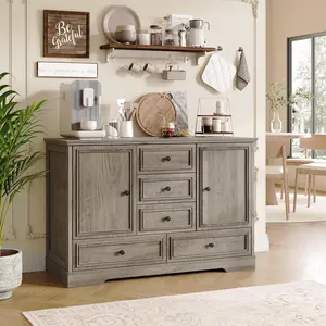 47" Grey Farmhouse Sideboard Buffet Cabinet, Sideboard Storage credenza with 5 Drawers and 2 Doors, Wood Coffee Bar Cabinet, Buffet Table for Dining Room Living Room