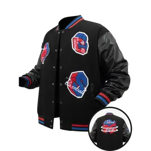 Men’s fashion baseball jacket with vintage letter embroidery, button design, long sleeves, patchwork leather sleeves, casual wear for spring and fall