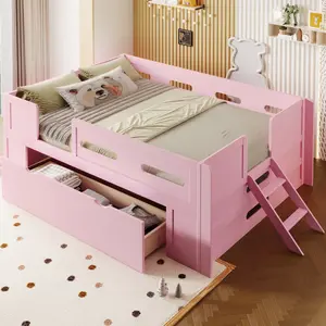 Modern Twin Size Step Side Toddler Bed - Wood Platform Bed Frame with Guardrail, Large Drawer, 2-Step Ladder, Sturdy Slats Support (Pink), Step Side Bed