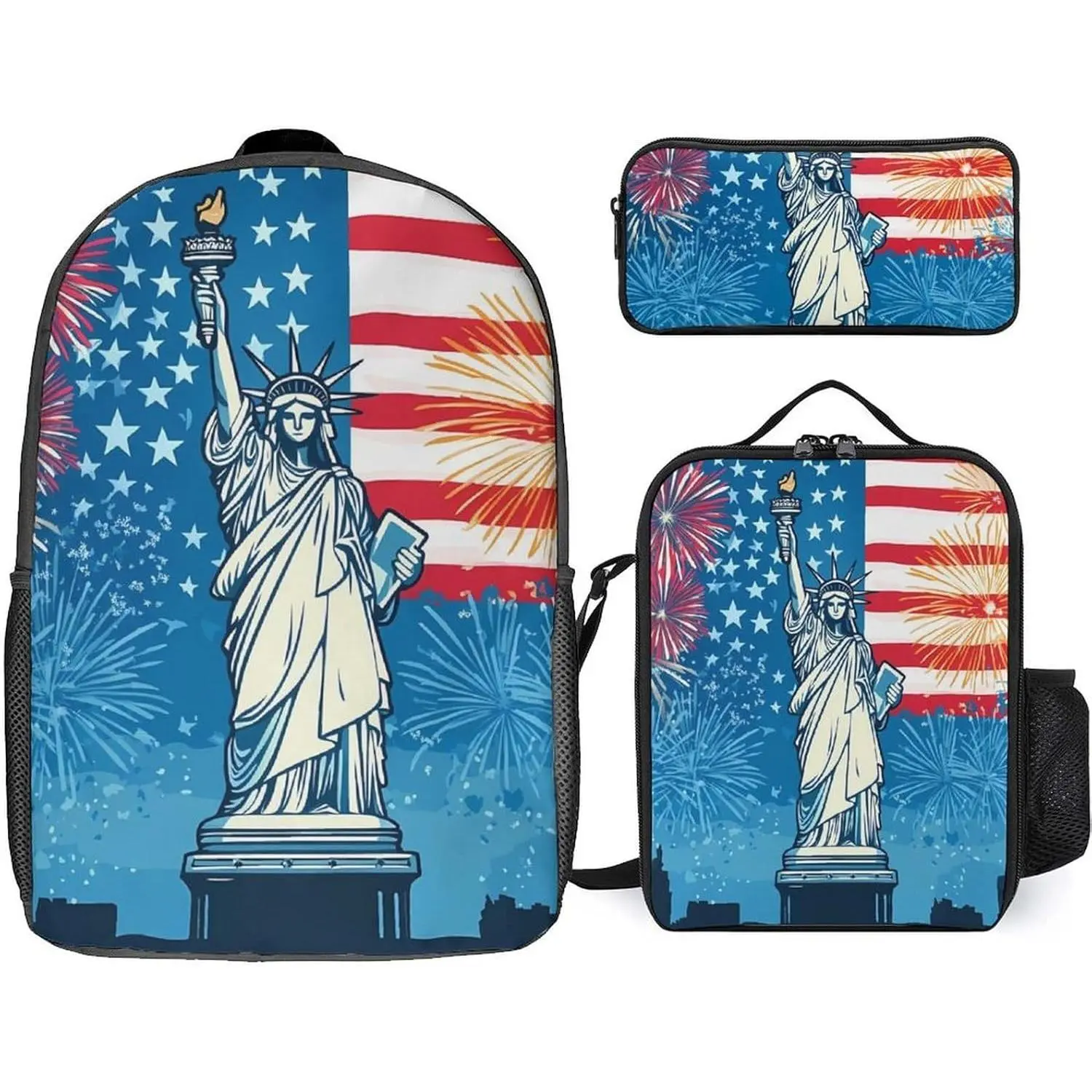 Usa Flag New York City 3PCS Backpack Set 17 Inch Laptop Bag with Lunch Box Pencil Case