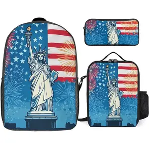 Usa Flag New York City 3PCS Backpack Set 17 Inch Laptop Bag with Lunch Box Pencil Case