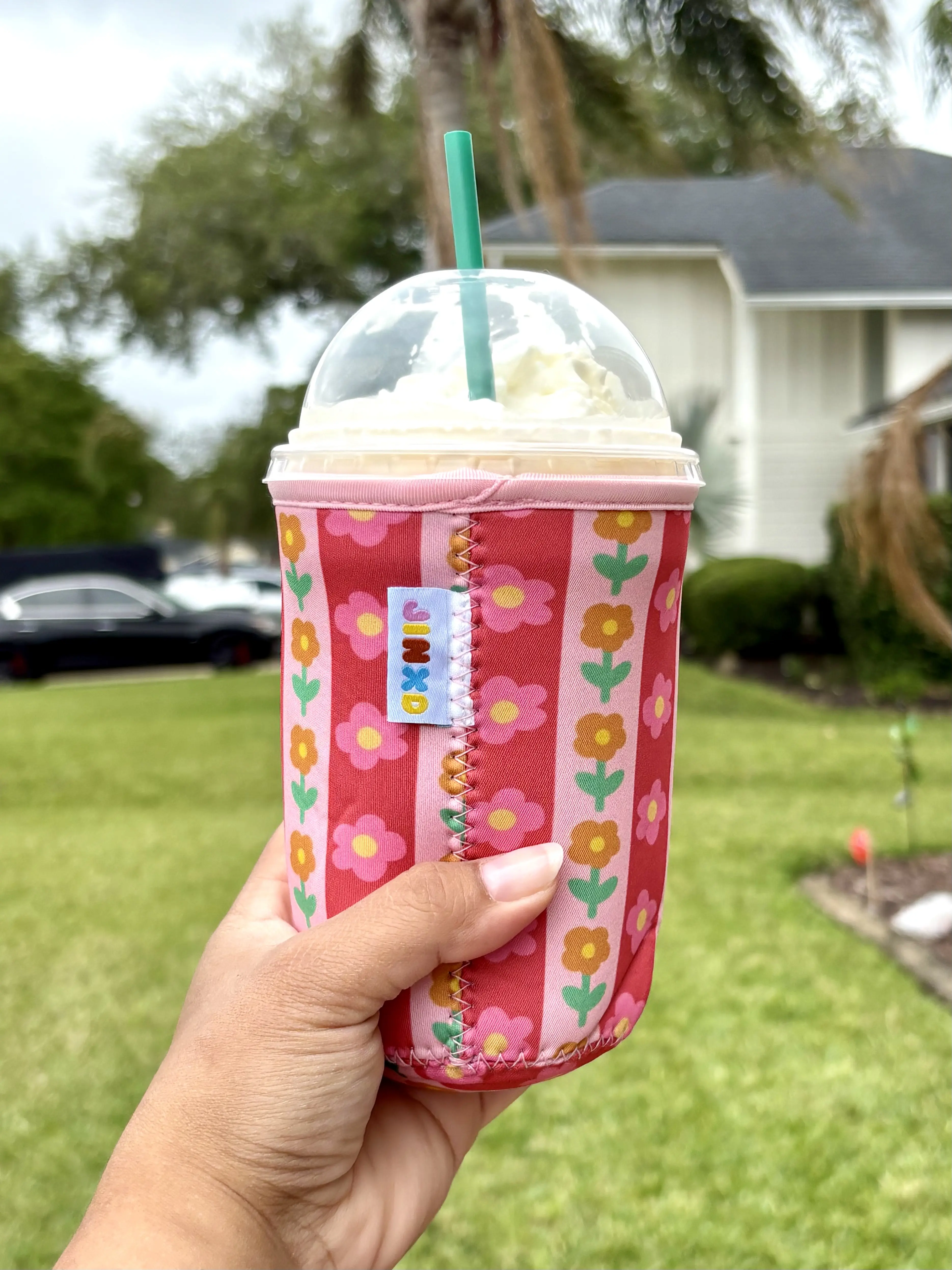 Orange and Pink Flower Stripes Insulated Coffee Sleeve, Drinkware