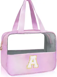 Personalized Initial A Clear Purple Makeup Bag - Large Travel Toiletry Bag, Cute Cosmetic Organizer Set for Girlfriend, Teacher, Teen Girl Gifts