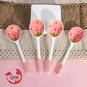 4pc/6pc Cartoon Strawberry Pattern Porcelain Soup Spoon, Cute Candy Color Kitchen Spoon Set, Household Tableware for Coffee, Tea, Yogurt, Ice Cream, Appetizers and Desserts