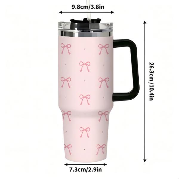 40oz Pink Bow Coquette Tumbler with Handle, Insulated Stainless Steel Travel Cup, Cute Reusable Coffee Mug with Straw & Lid, Gift for Women