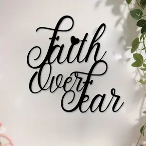 Faith is better than fear, Bible scripture wall decoration - black iron metal sign with cursive font and heart-shaped decoration, religious home decoration, frameless scripture sign, suitable for church, office, prayer room wall decoration