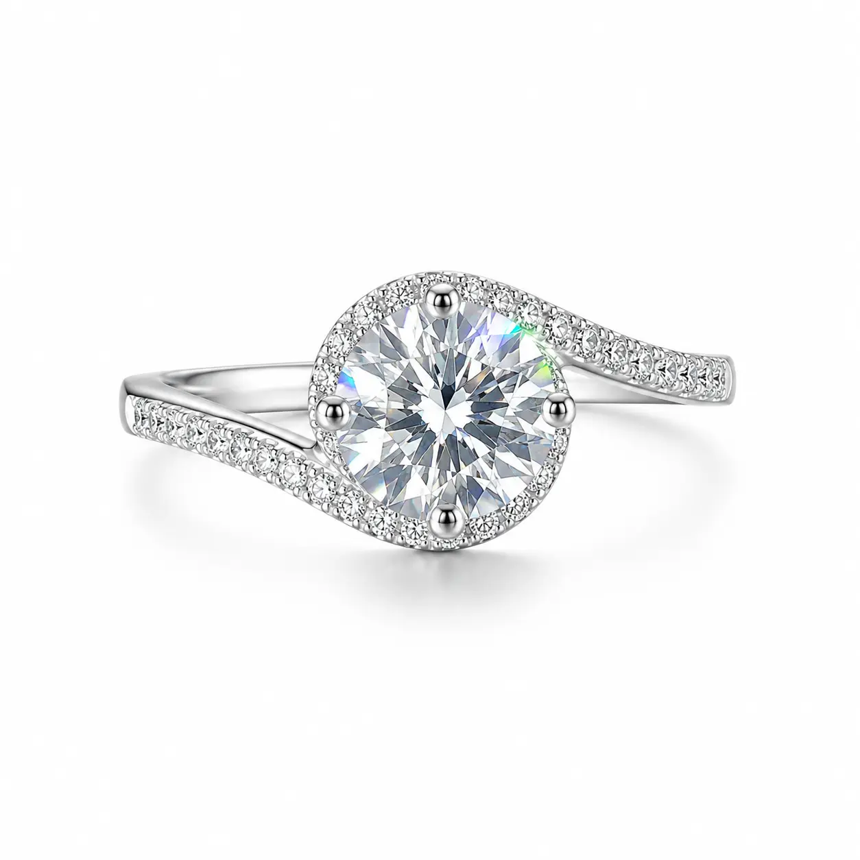 J-012WZ Women's Luxury Wave Halo Moissanite Engagement Ring - Stainless Steel Band, Elegant Glittering Fashion Promise Ring Costume Jewelry, Elegant Glittering Ring