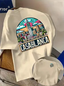 Men's Casablanca Graphic T-Shirt, Vintage Travel Poster Design, Hassan Tower & Moroccan Architecture Print, Comfortable Casual Style