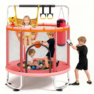 6-in-1 Kids Trampoline with Basketball Hoop, Swing & Adjustable Gym Bar - 55" Indoor/Outdoor Toddler Trampoline Play Center with Safety Enclosure Net, Rings & Balls, Ultimate Gift fitness trampoline