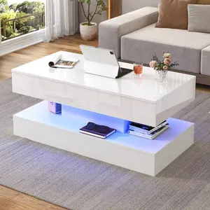 39.4"/47.2" Large Lift Top Coffee Table With Charging Station, LED Modern High Glossy Center Table With Hidden Compartment Storage, Lift Living Room Tables
