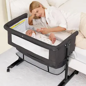 3-in-1 Baby Bassinet Bedside Bassinets for Babies, Bassinet Bedside Sleeper with Wheels, Adjustable Height with Rocking Mode, Breathable Mesh, Storage Basket, Easy Assembly & Folding (Dark Gray)