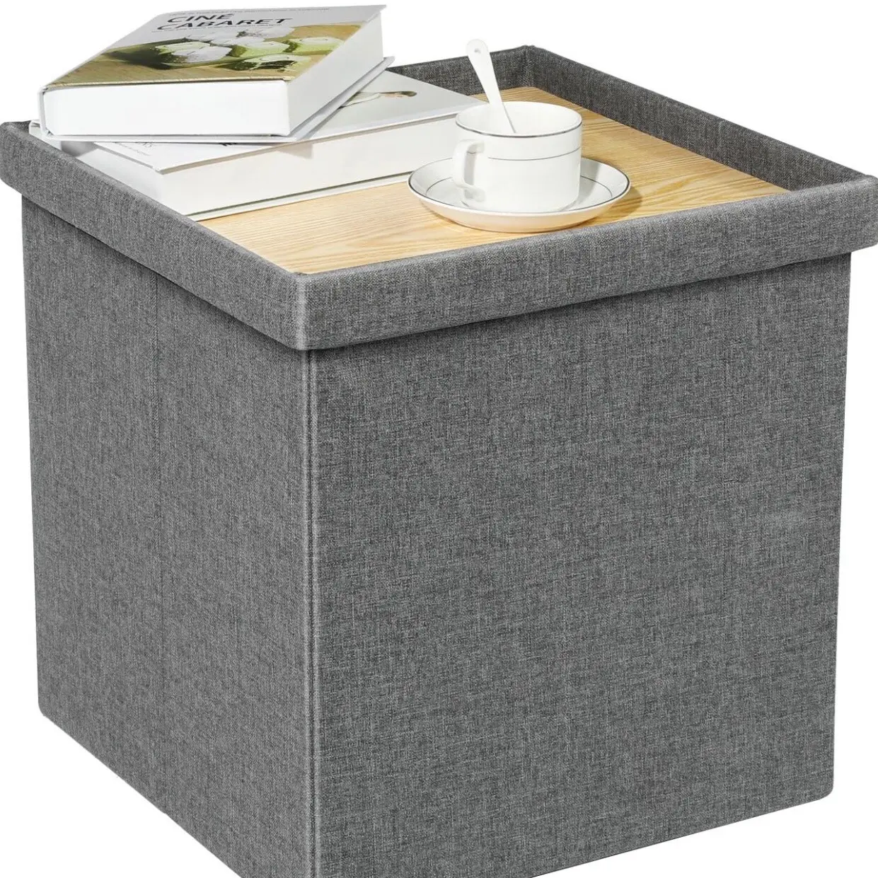Dark Grey Linen Storage Ottoman with Tray - Small Cube Folding Coffee Table Foot Stool Footrest Seat - 16"X15.7"x15"