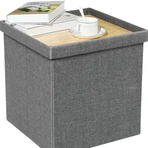 Dark Grey Linen Storage Ottoman with Tray - Small Cube Folding Coffee Table Foot Stool Footrest Seat - 16"X15.7"x15"
