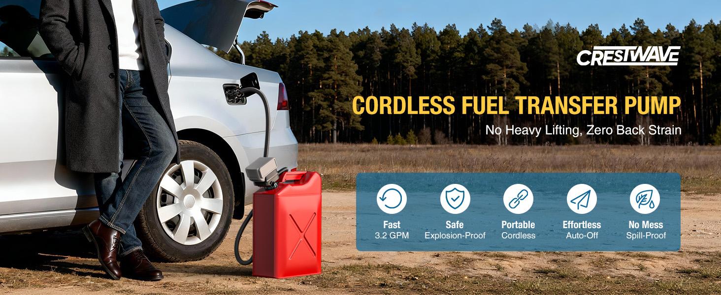 CrestWave Cordless Fuel Transfer Pump, 3.2 GPM Auto-Stop Gas Can Pump, Compatible with DeWalt 20V & Milwaukee 18V Batteries, 4 Adapters, Storage Bag, for Lawn Mower, Tractor, Generator, RV, Car
