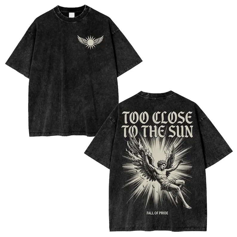 Men's Graphic T-Shirt with Icarus Fallen Angel Print, 100% Cotton Gothic Streetwear Tee, Casual Breathable Dark Aesthetic Top, Printed, All Seasons, Shortsleeve, Soft, Round, Athletic, Cold Wash, Menswear