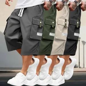 4-Pack Men’s Cargo Shorts, 7/8 Length, Summer Drawstring Waist, Large Pockets, Letter Patch Details, Fashionable Casual Athletic Shorts