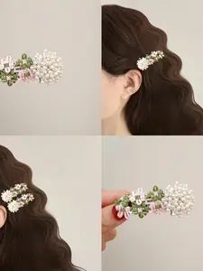 2pcs Vintage Beaded Flower Hair Clips, Side Bang Holder, Versatile Hair Accessories, Retro Style, Perfect for Teen Girls