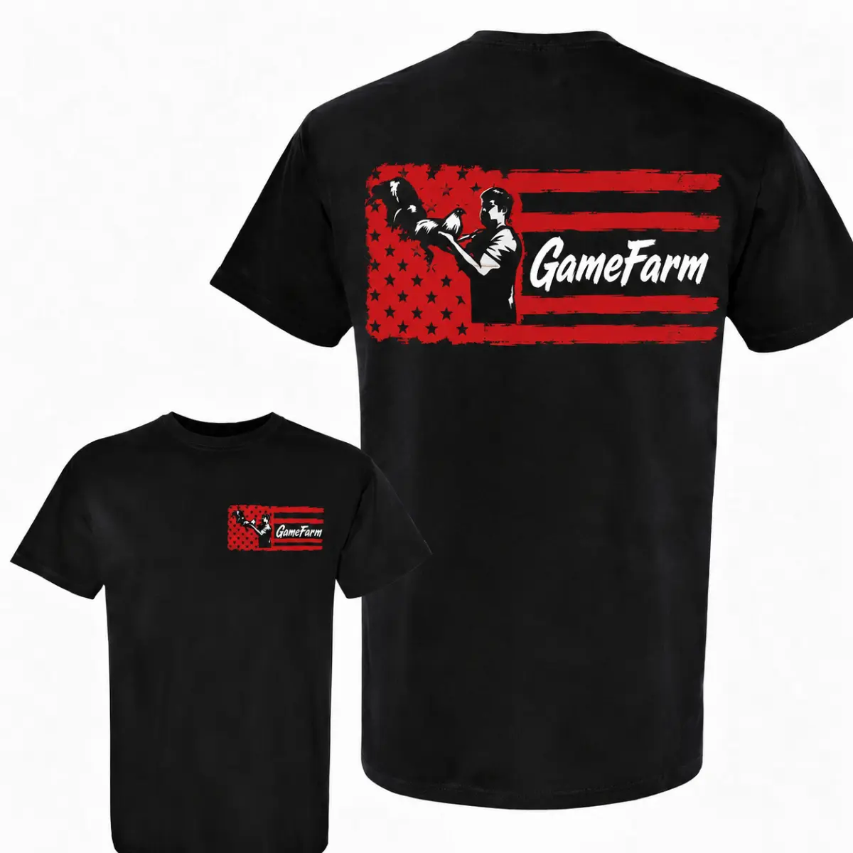 GameFarm Rooster American Flag Shirt, Gamefowl Farm Graphic Tee, Chicken Breeder T-Shirt, Double Sided Rooster Shirt, Patriotic Poultry Farm Tee, Gamefowl Lover Gift