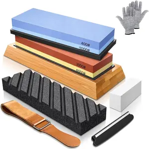 Complete Knife Sharpening Stone Set, 4-Side Grit 400/1000/8000 Whetstone Kit, Full Accessories with Non-Slip Base, Cut-Resistant Gloves, Angle Guide & Leather Strop for Home Kitchen & Professional Use