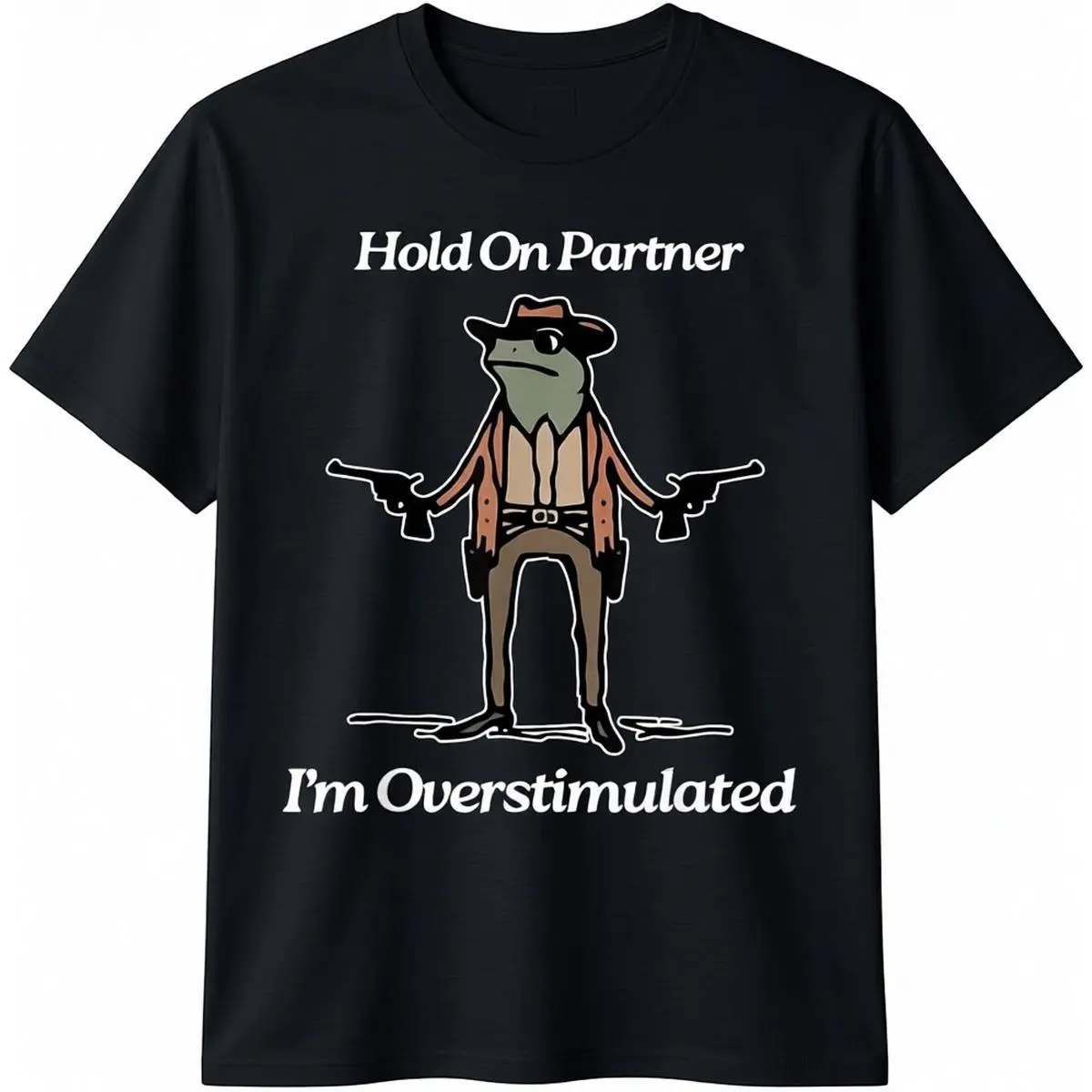 Men's Vintage Cotton Fabric Round Neck Short-Sleeve Tee - Hold On Partner I'm Overstimulated Cowboy Frog Graphic, Year-Round Menswear Basic T-Shirt