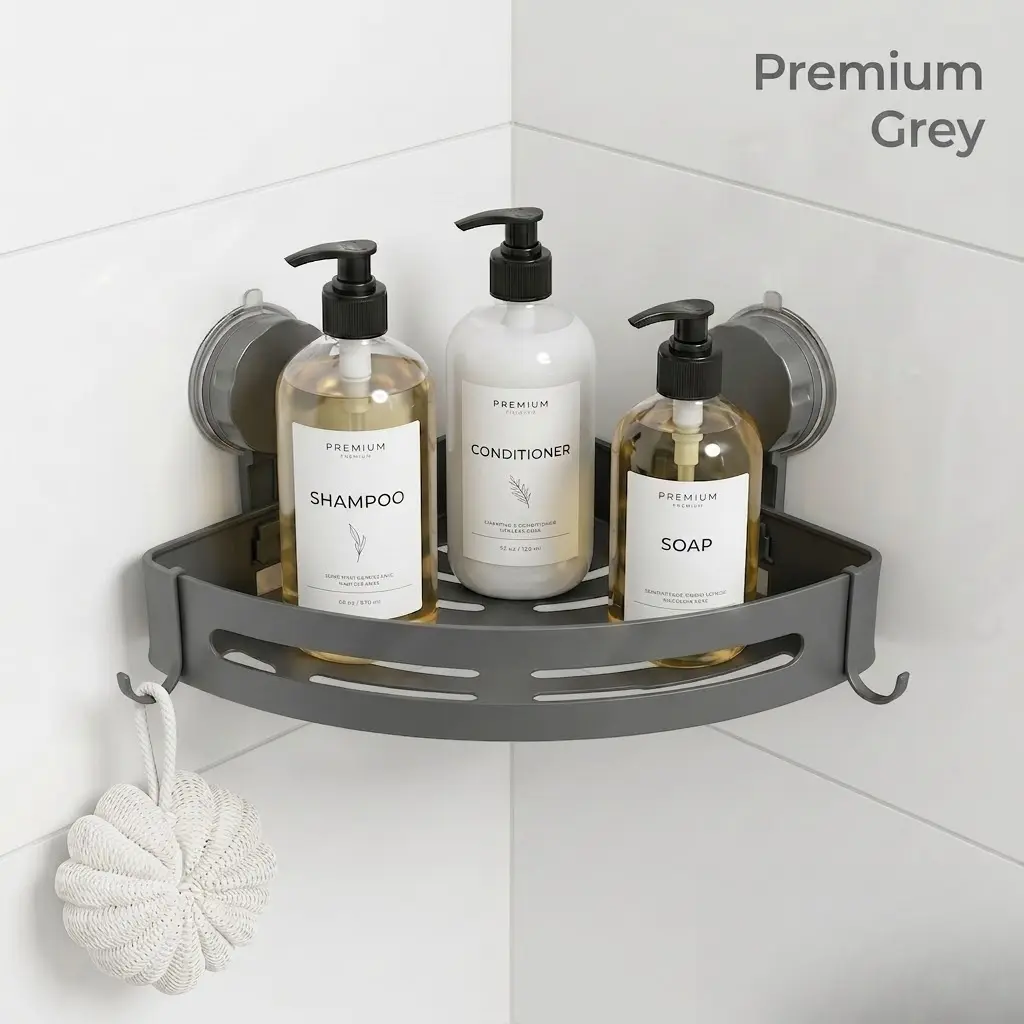 No-Drill Suction Triangular Corner Shower Caddy - Durable Strong-Hold Bathroom Necessities, Renter-Friendly Space-Saving Storage, Home Supply for Clean Bathrooms