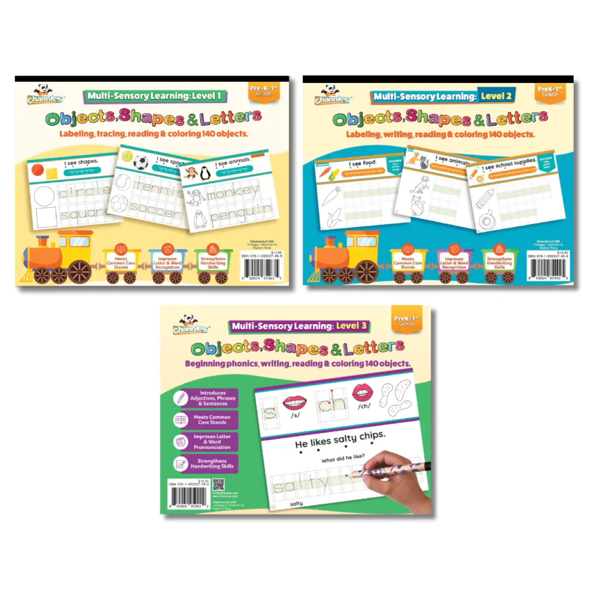 Channie's 3 Pack Kit- Channie’s Multi-Sensory Learning- Level 1, 2, & 3:  Labeling, Tracing, Tracking, Beginning Phonics, Reading, And Coloring